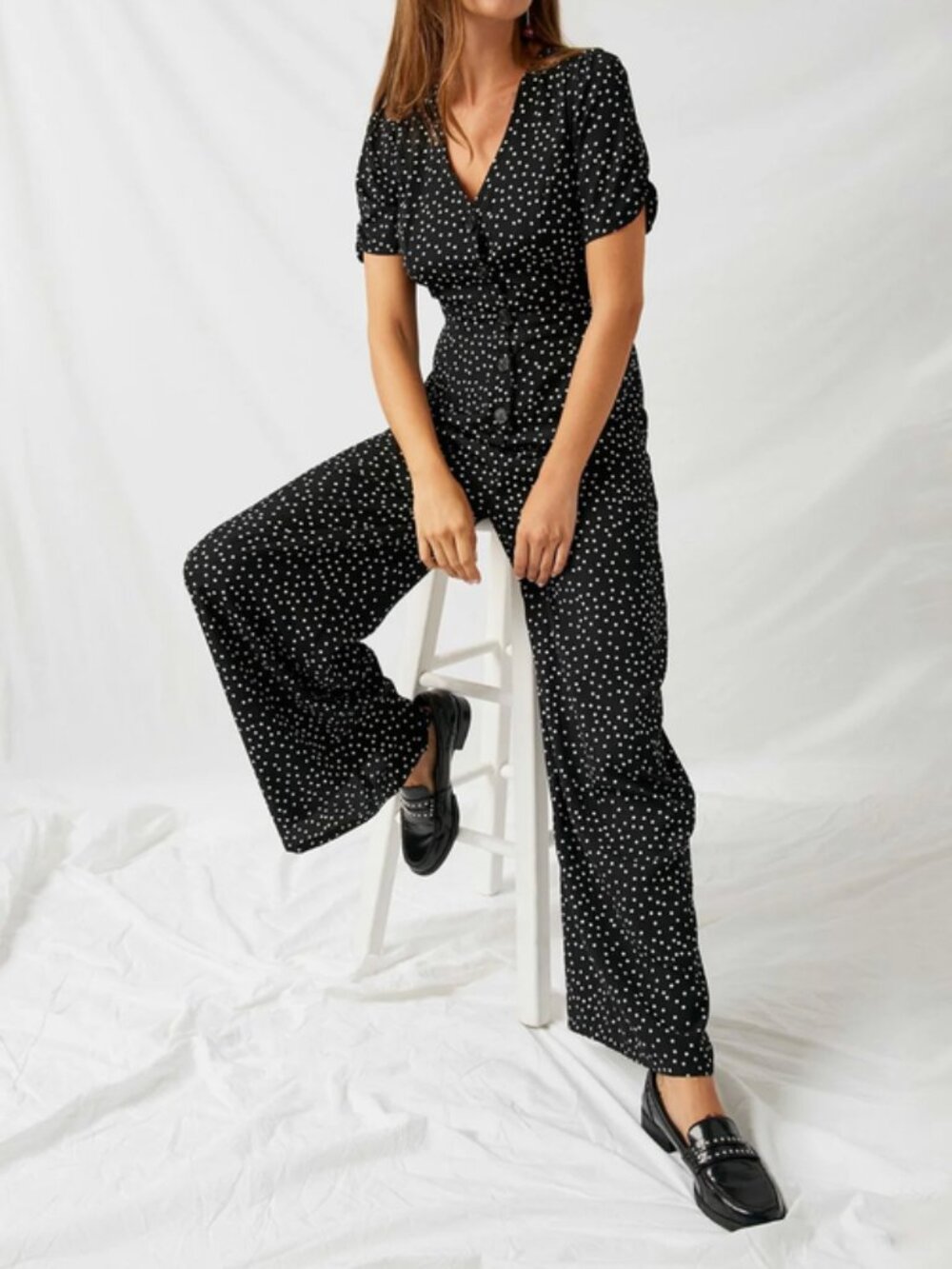 Urban Outfitters Black White Polka Dot Button-Front V-Neck Short Sleeve Jumpsuit
